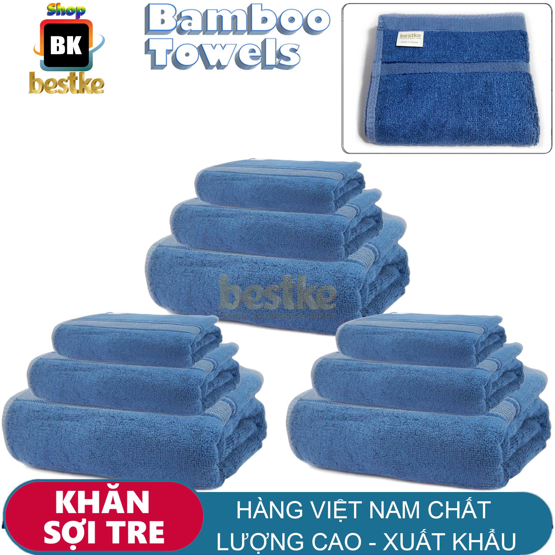 Combo 3 bộ = 9 khăn sợi tre bestke cao cấp màu xanh