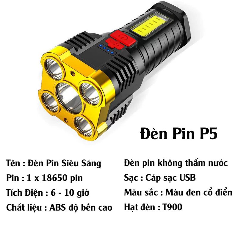 Đèn Pin 5 bóng Đèn Pin Cầm Tay. (TẶNG CỦ SẠC + DÂY SẠC + DÂY ĐEO TRÁN)