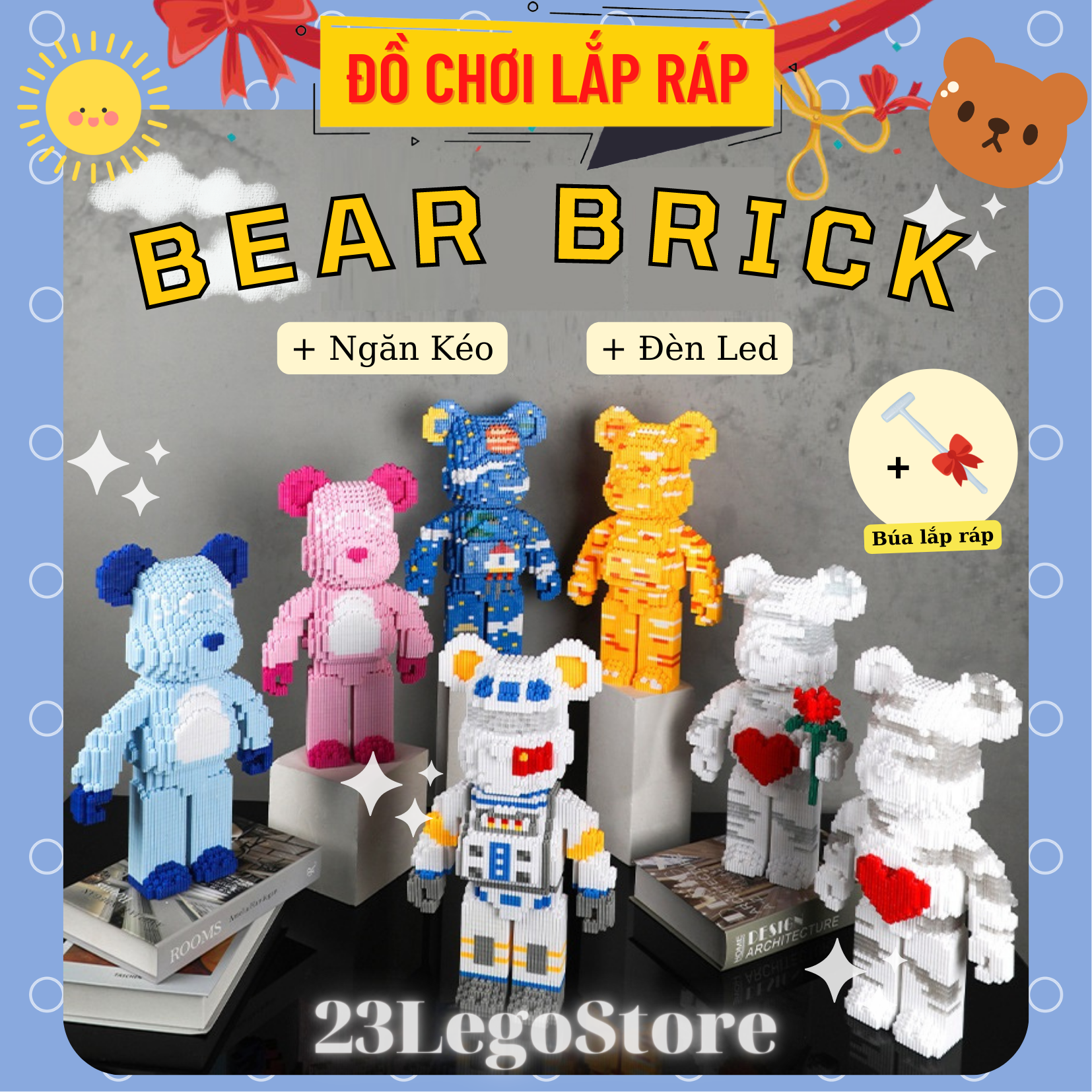 Bộ đồ chơi lắp ghép lego gấu BearBrick cỡ lớn 34cm (nhiều mẫu) tặng kèm búa lắp ráp, Bộ đồ chơi lắp ráp gấu BearBrick
