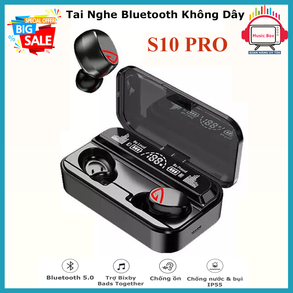 Tai nghe bluetooth cao cấp, Tai nghe bluetooth không dây S10 Pro, phiên bản bluetooth V5.2 cao cấp, Âm thanh vòm cực hay, Chống nước IPx7, Dung lượng 2000mAh kiêm sạc dự phòng, cảm ứng vân tay, BH uy tín 1 đổi 1.