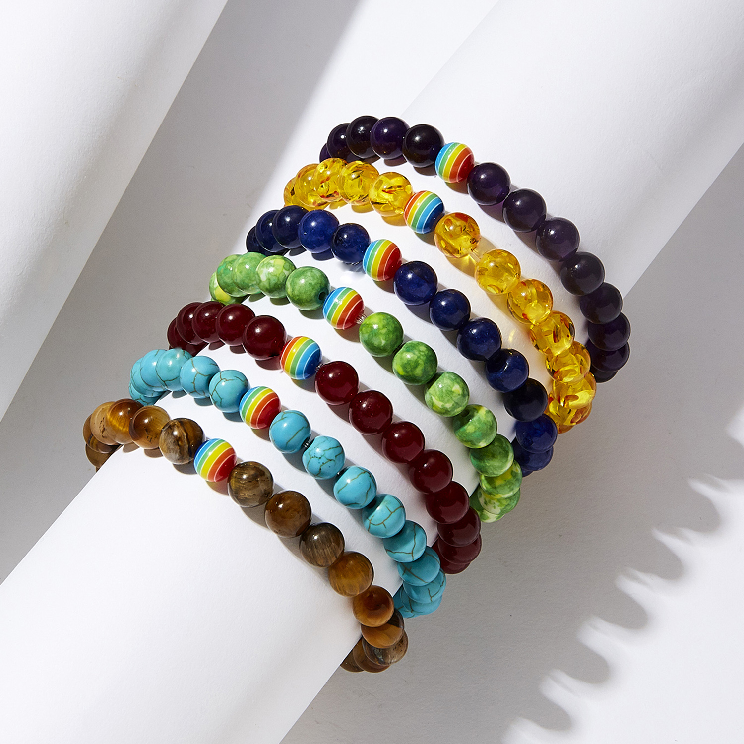 Rinhoo Rainbow Bead Bracelet Pride Tiger Eye Natural Stone Strand Couple Couple Bracelets Male Female Handmade Jewelry