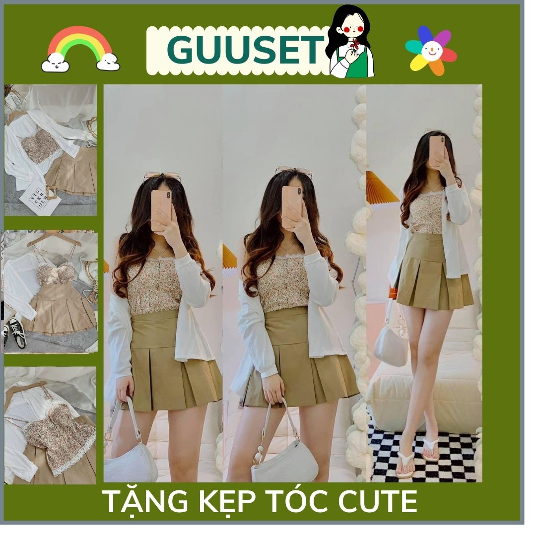 [Mẫu mới] Set bộ 3 món Guuset áo crop top 2 dây và chân váy nâu xếp ly kèm khoác cardigan trắng style hàn quốc dưới 55kg mặc đẹp, basic tiện lợi đi học, làm, chơi hay du lịch em này cân tất GUU006