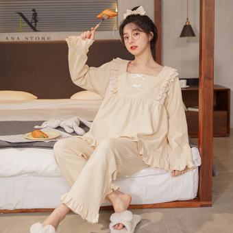 Bộ Ngủ Cotton Nữ Dài Tay Cổ Bèo Tiểu Thư