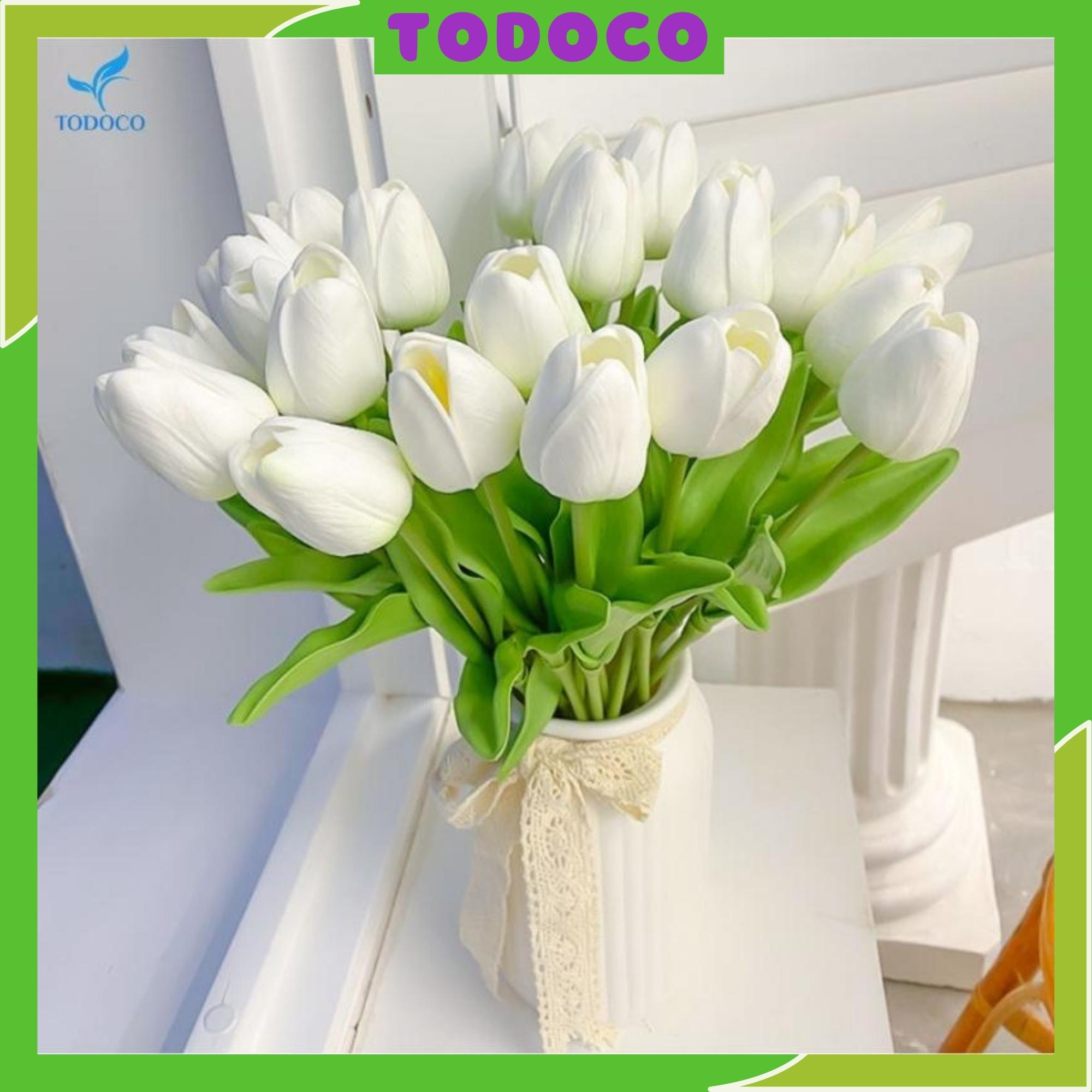 Bông hoa tulip giả pu cao cấp decor trang trí nhà cửa chụp ảnh bằng cao su non có cả Lá Xoắn & Lá Thẳng, Hoa nhân tạo phụ kiện đám cưới cầm tay cô dâu TODOCO