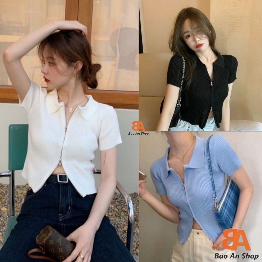 Áo kiểu khóa kéo 2 chiều cổ bẻ thun gân len 4 chiều tay ngắn Free Size dưới 53kg dành cho nữ cá tính sexy gợi cảm hot girl