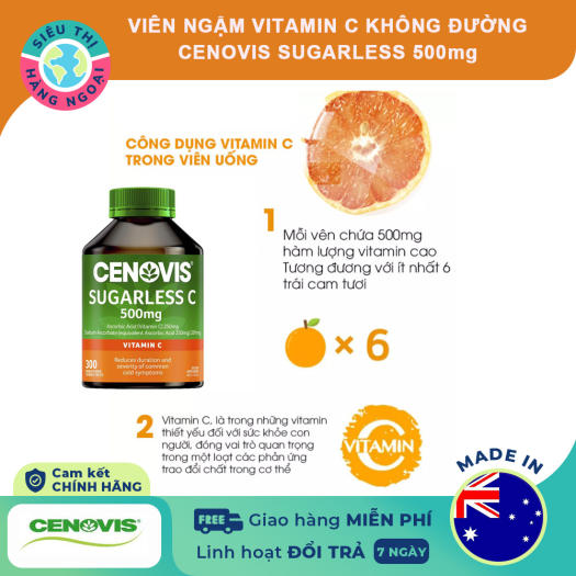 Viên ngậm Vitamin C không đường Cenovis Vitamin C 500mg Sugarless [Tăng cường miễn dịch] Hộp 300 viên Exp09/2023 Hàng Úc được bán bởi Siêu Thị Hàng Ngoại