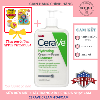BIG SIZE 473ML+PHIÊN BẢN MỚI) Sữa Rửa Mặt+Tẩy Trang CeraVe Hydrating Cream-to-Foam Cleanser (USA/ MỸ