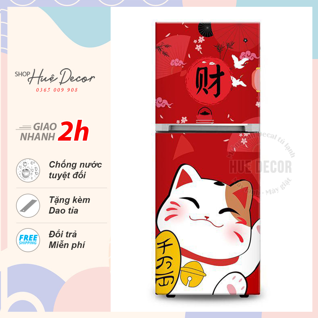 Giấy dán chuyên dụng cho Tủ lạnh - máy lạnh - máy giặt  Mèo thần tài thương hiệu Huedecor chất liệu decal cao cấp siêu bền phù hợp với mọi không gian