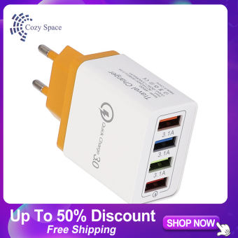 phích Cắm Chuẩn Châu Âu/Mỹ 4 Cổng USB, Sạc Tường Du Lịch Sạc Nhanh QC3.0 Bộ Chuyển Đổi Nguồn