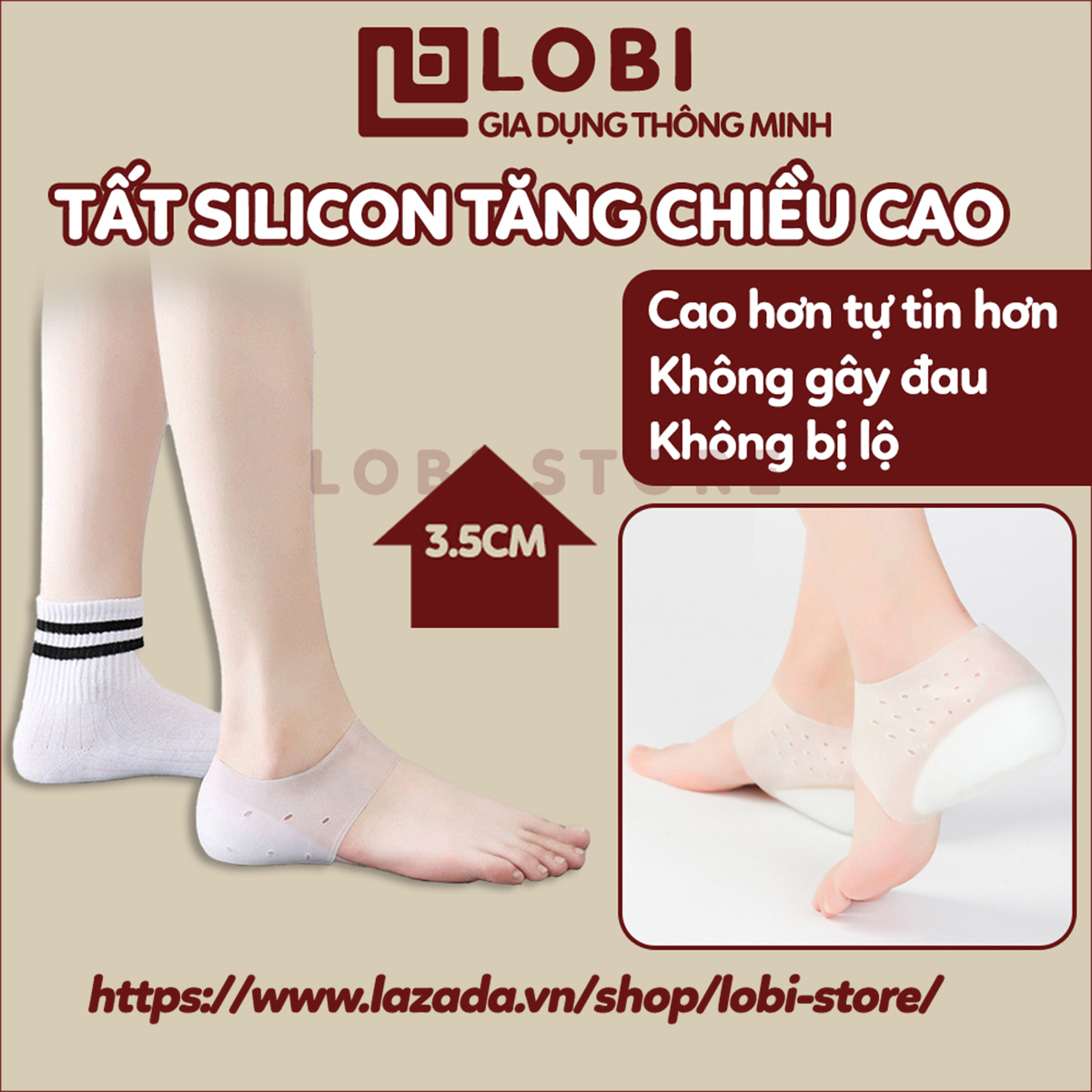 Lót giày silicon tăng chiều cao nam nữ Tất tăng chiều cao Nhật Bản Không đau Không lộ (loại tăng 3.5cm) êm chân Lobi Store