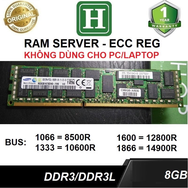Ram Server DDR3L 8GB ECC REG bus 1333 /10600R tháo máy bảo hành 1 năm không dùng cho máy bàn PC thường