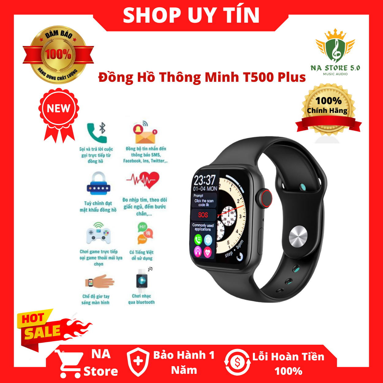 Đồng Hồ Thông Minh T500 Plus Series 6 - Thay đổi Hình Nền Bất Kỳ Trên điện Thoại Của Bạn, Chống Nước 3ATM -Sạc Không Dây -Nghe Gọi Trực Tiếp -Thông Báo Tin Nhắn, Có Tiếng Việt 100%, Theo Dõi Sức Khỏe Của Bạn, Bảo Hành 1 Năm