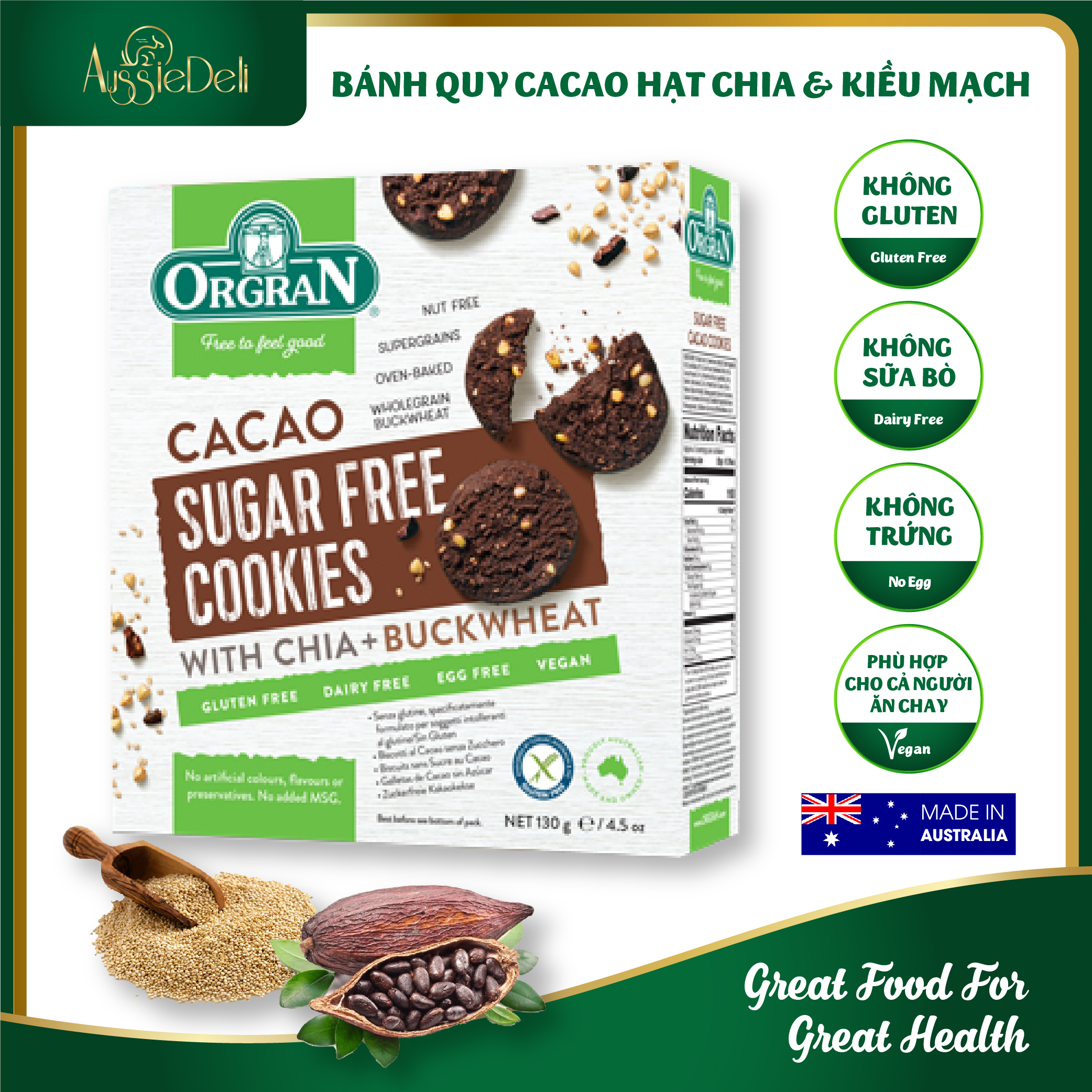 Hộp 130gr - Bánh Cookies Cacao Thêm Hạt Chia & Kiều Mạch Không Đường Không Gluten - ORGRAN - Nhập Khẩu Từ Úc