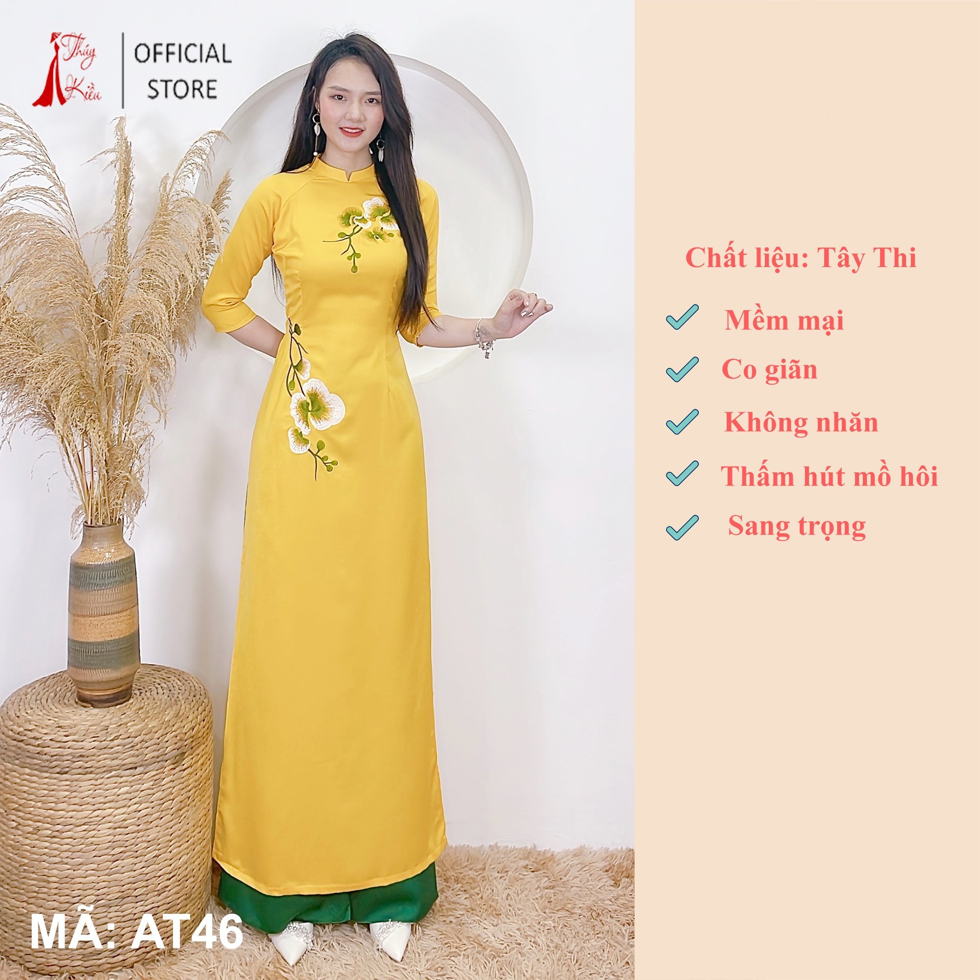 Áo dài lụa Tây Thy nền vàng thêu hoa lan AT46 mềm mại, co giãn, áo dài giá rẻ