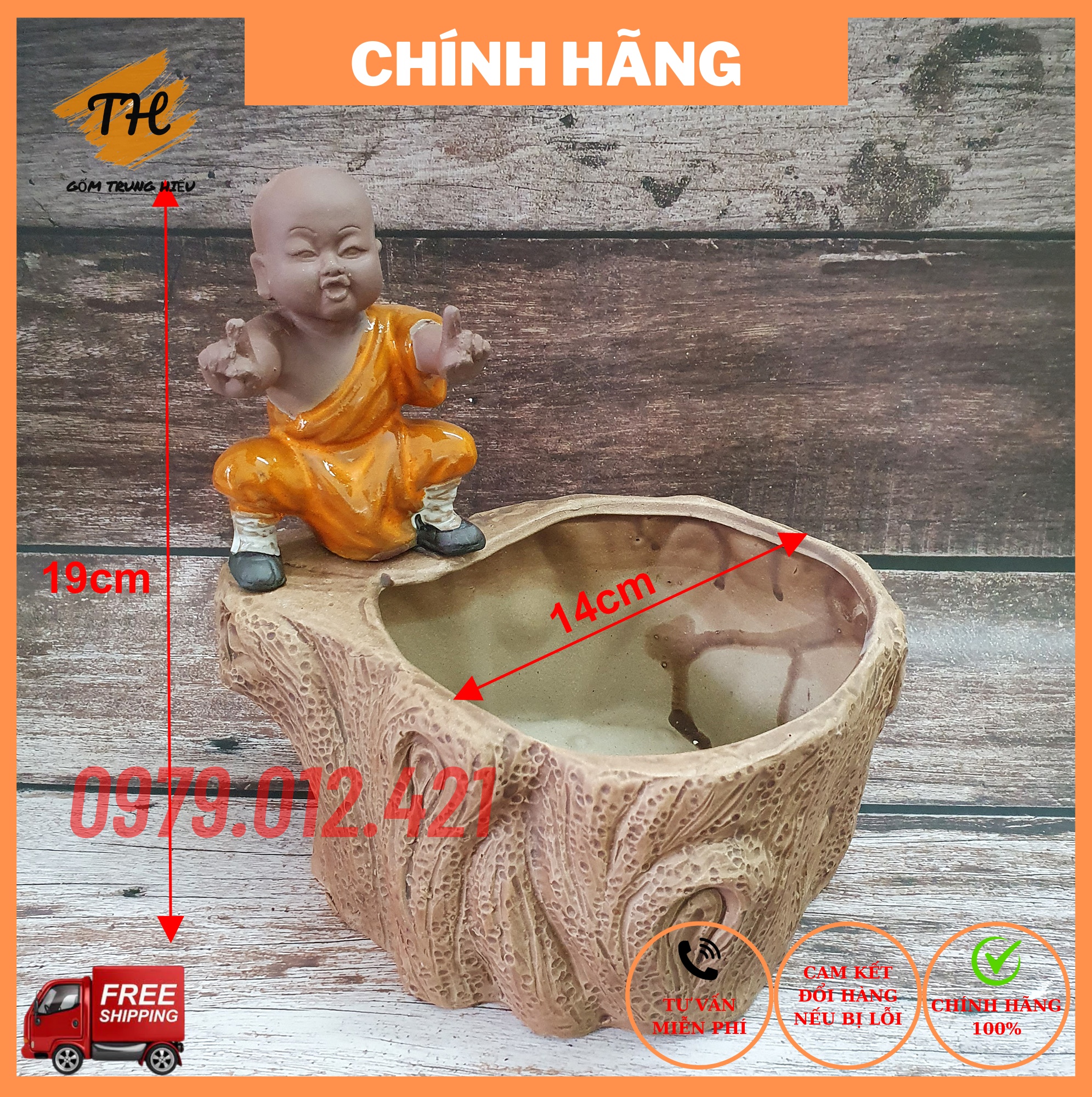 Chậu tượng Chú Tiểu tập võ mini gốm Bát Tràng trồng bonsai cây cảnh để bàn