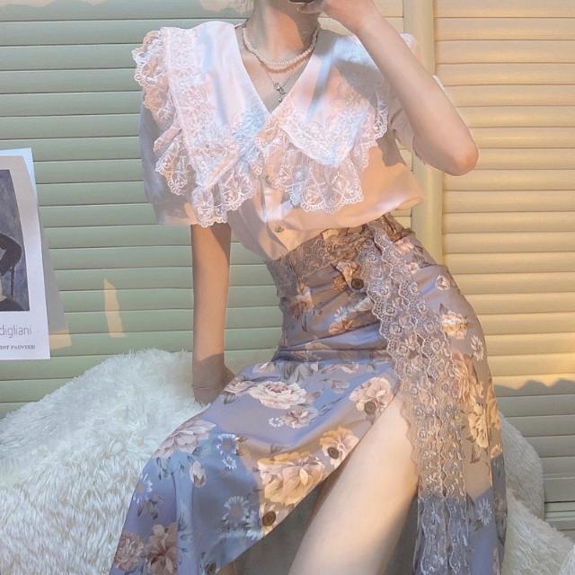 Sét váy sơ mi phối ren chân váy xẻ tà vintage tay phồng công chúa