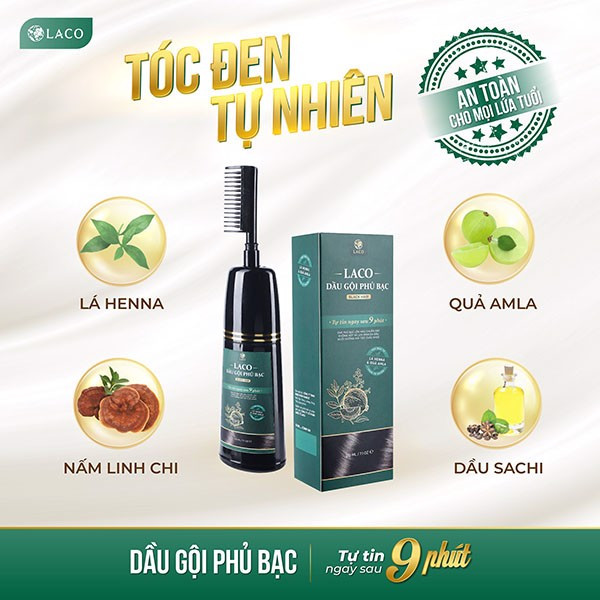 DẦU GỘI PHỦ BẠC LACO tóc đen chỉ trong 9p chiết xuất từ thiên nhiên an toàn cho mọi lứa tuổi. - laco