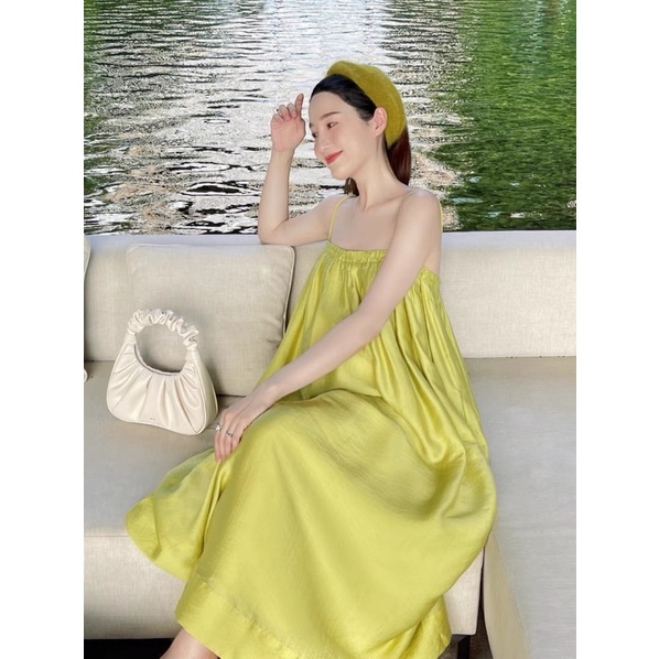 Đầm maxi 2 dây xanh cốm kèm turban đầm suông thụng dáng dài BN164