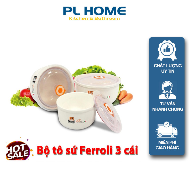 Bộ 3 thố sứ đựng thực phẩm ferroli cao cấp có nắp hút chân không