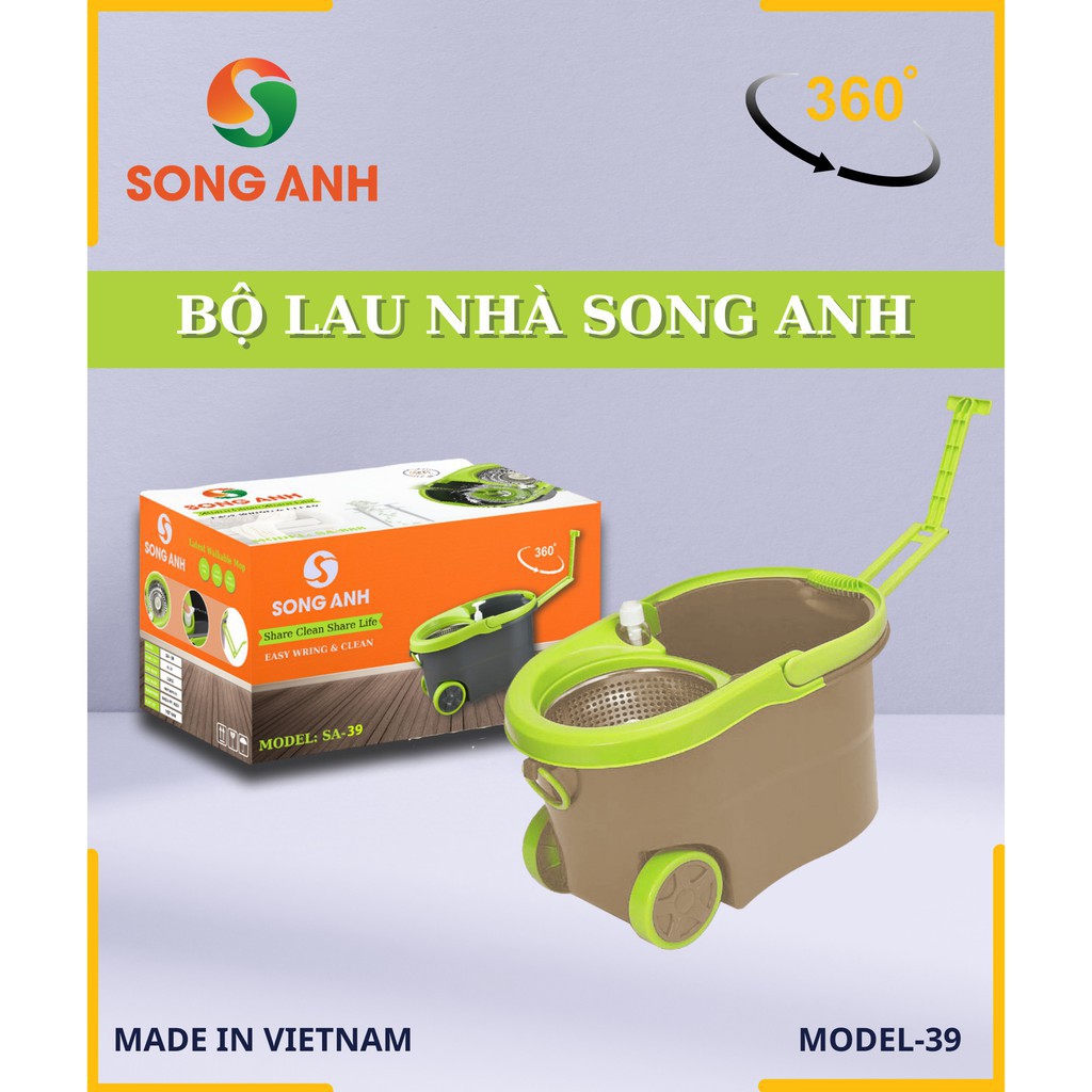 Chổi Lau Nhà 360 Độ Song Anh Việt Nam - Kèm 2 Bông Lau Có Bánh Xe Di Chuyển Dễ Dàng