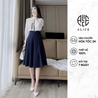 Set Công Sở Áo Sơ Mi Lụa Chân Váy Xếp Li Cạp Cao ALICE Thiết Kế Cổ Tròn Phối Ren Dáng Xòe Lịch Sự Chất Lụa Mềm Mịn S216