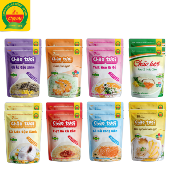 Combo 16 Gói Cháo Tươi Cây Thị: 2 Gà Ác Đậu Xanh, 2 Tôm Rau Ngót, 2 Thịt Bò, 2 Thịt Heo, 2 Cá Lóc, 2 Ếch Đậu Hà Lan, 2 Cá Hồi, 2 Lươn Đậu Xanh