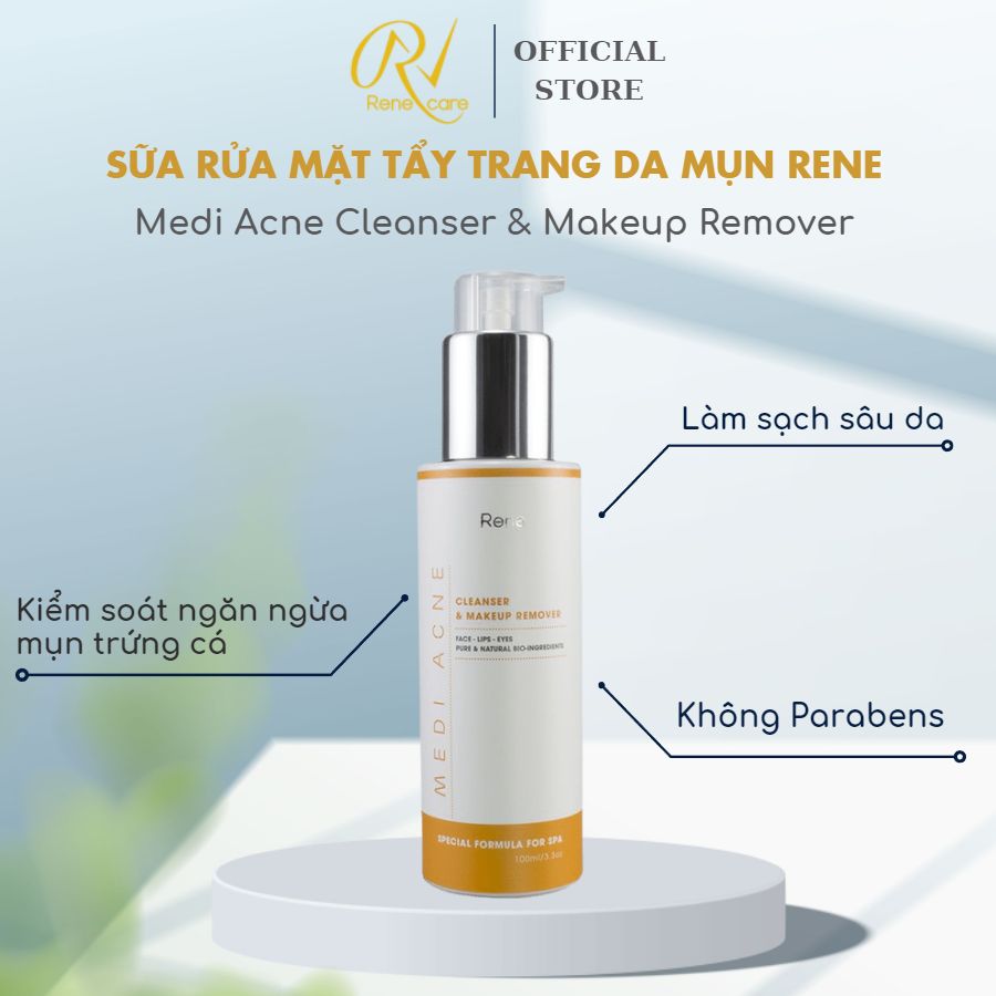 Sữa rửa mặt tẩy trang cho da mụn [Kiểm soát và ngăn mụn trứng cá; loại bỏ dầu, lớp trang điểm, bụi bẩn; Làm sạch sâu da] Rene Medi Acne Cleanser & Makeup Remover 100ml - USA