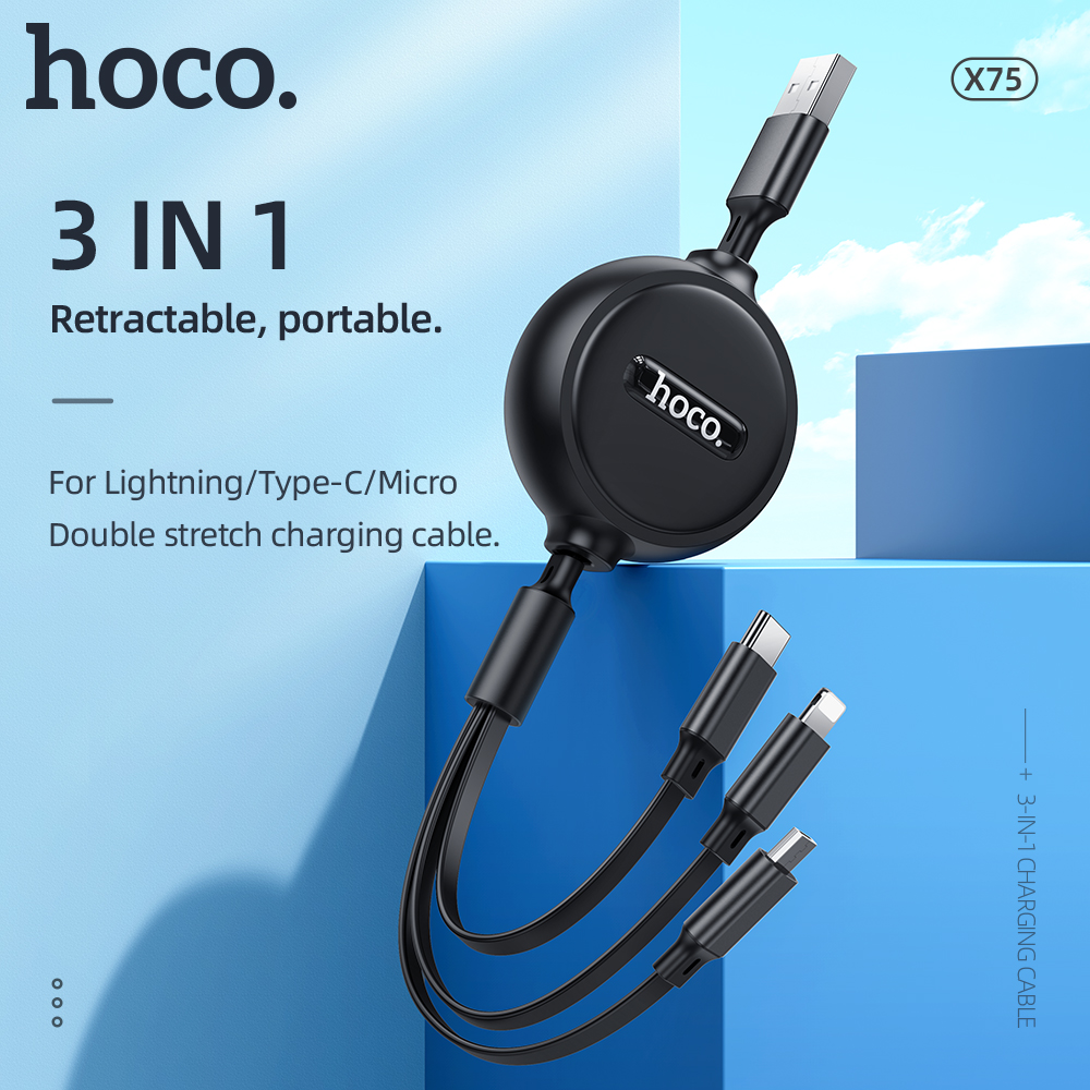 Hoco Cáp Sạc USB Thu Gọn 3 Trong 1 X75 Chính Hãng Cho iPhone 12X11 8 7, Cáp Sạc USB Type C Cho Huawei Xiaomi Redmi Note Cáp Dữ Liệu Cho Realme Nhiều Dây Cáp USB