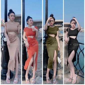 Đầm body tay ngắn hở eo xoắn bên xẻ tà cực sexy , chất thun gân mềm mịn
