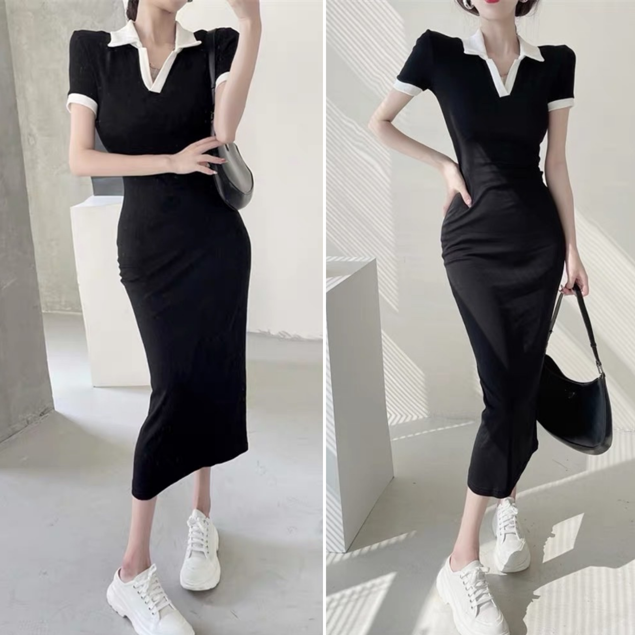 Đầm nữ dáng dài cổ bẻ váy polo body dáng dài màu đen phù hợp mặc đi làm đi chơi đi tiệc