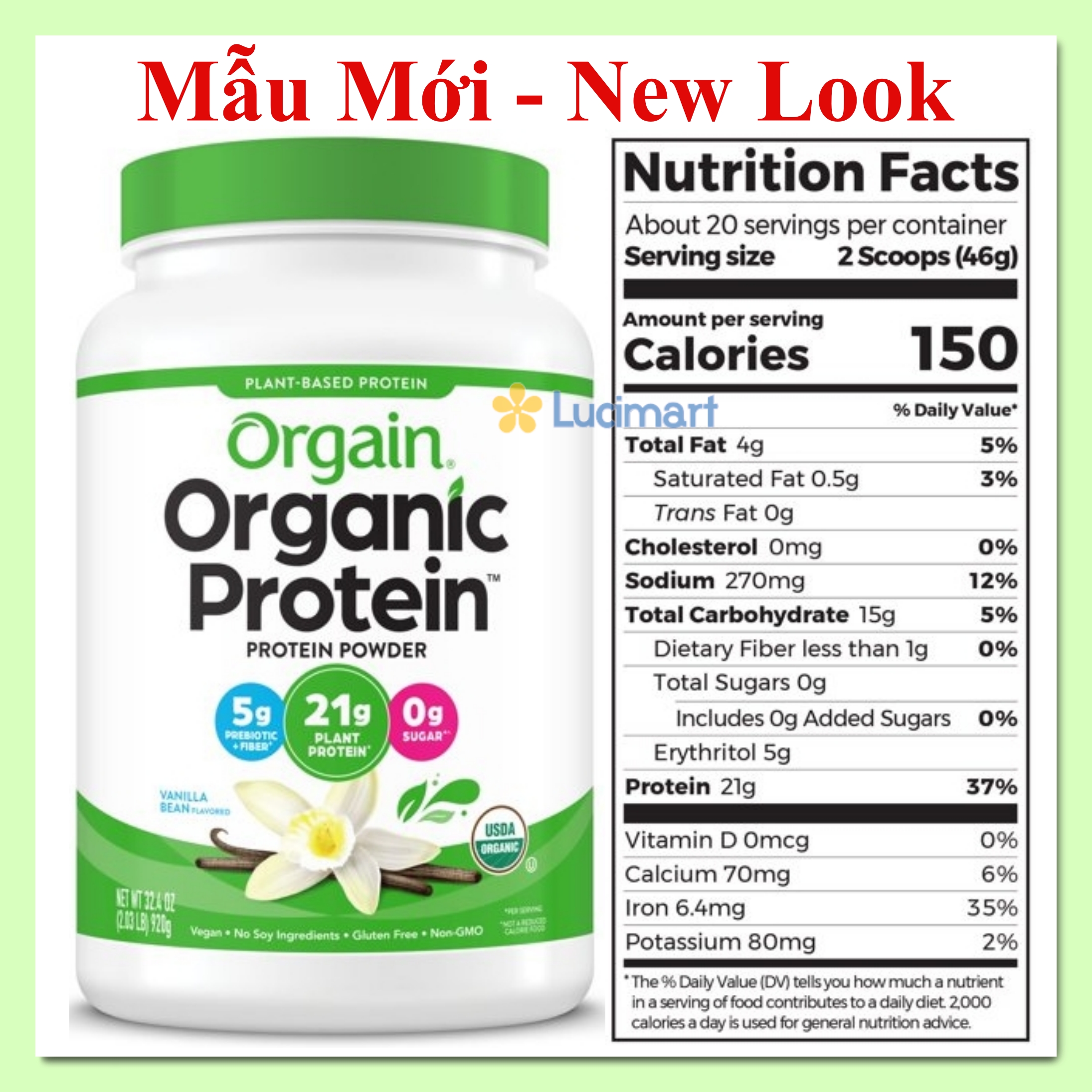 Bột đạm thực vật hữu cơ Orgain Organic Plant Based Protein Powder hương Vanilla (920g) [Hàng Mỹ]