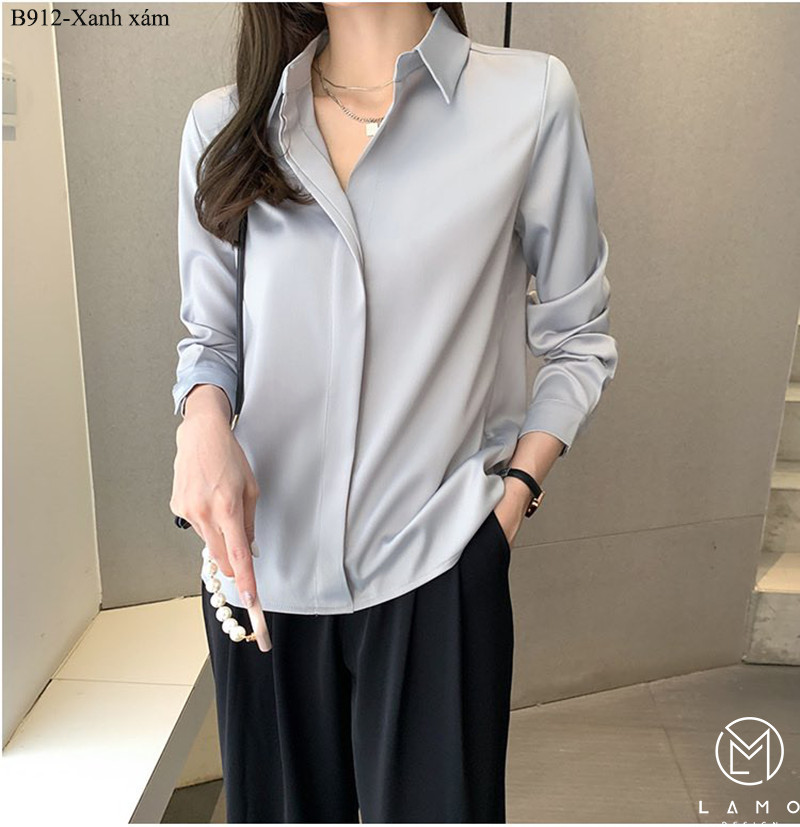 Áo sơ mi công sở nữ nẹp đôi không nút lụa ngoc trai mềm mượt bóng nhẹ lamo-b912