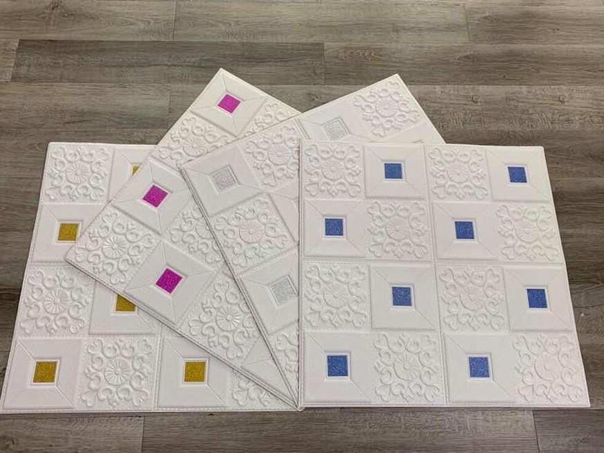 Xốp dán tường 3D đính nhũ kim tuyến lấp lánh đẹp mắt kt 70x70cm - Miếng dán tường sẵn keo