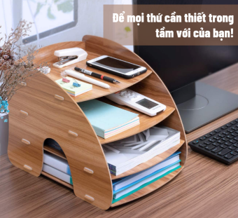 Kệ bàn học đựng hồ sơ tài liệu Kệ lưu trữ tài liệu giấy A4, A5 bằng gỗ hình cong - Tặng kèm 1 móc khóa nhựa dễ thương - Gỗ Tối