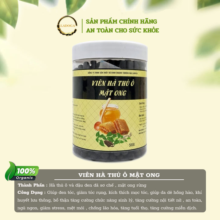 Viên hà thủ ô mật ong Ladoga giúp đen mượt tóc, ngăn ngừa rụng tóc, tóc bạc sớm, hộp 500g.