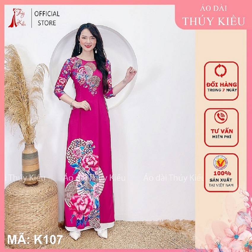 Áo dài in 3D lụa Nhật nền tím in vòng tròn cành hoa lá K107 Thúy Kiều mềm mại co giãn áo dài giá rẻ