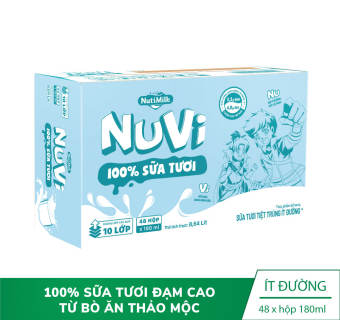 Thùng 48 Hộp NuVi 100% Sữa Tươi – Sữa Tươi Tiệt Trùng Ít Đường hộp 180ml TU.NSID180 - Thương Hiệu NUTIFOOD