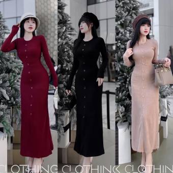 Đầm cổ tròn tay dài phói nút trước chất thun gân co giãn MBB75