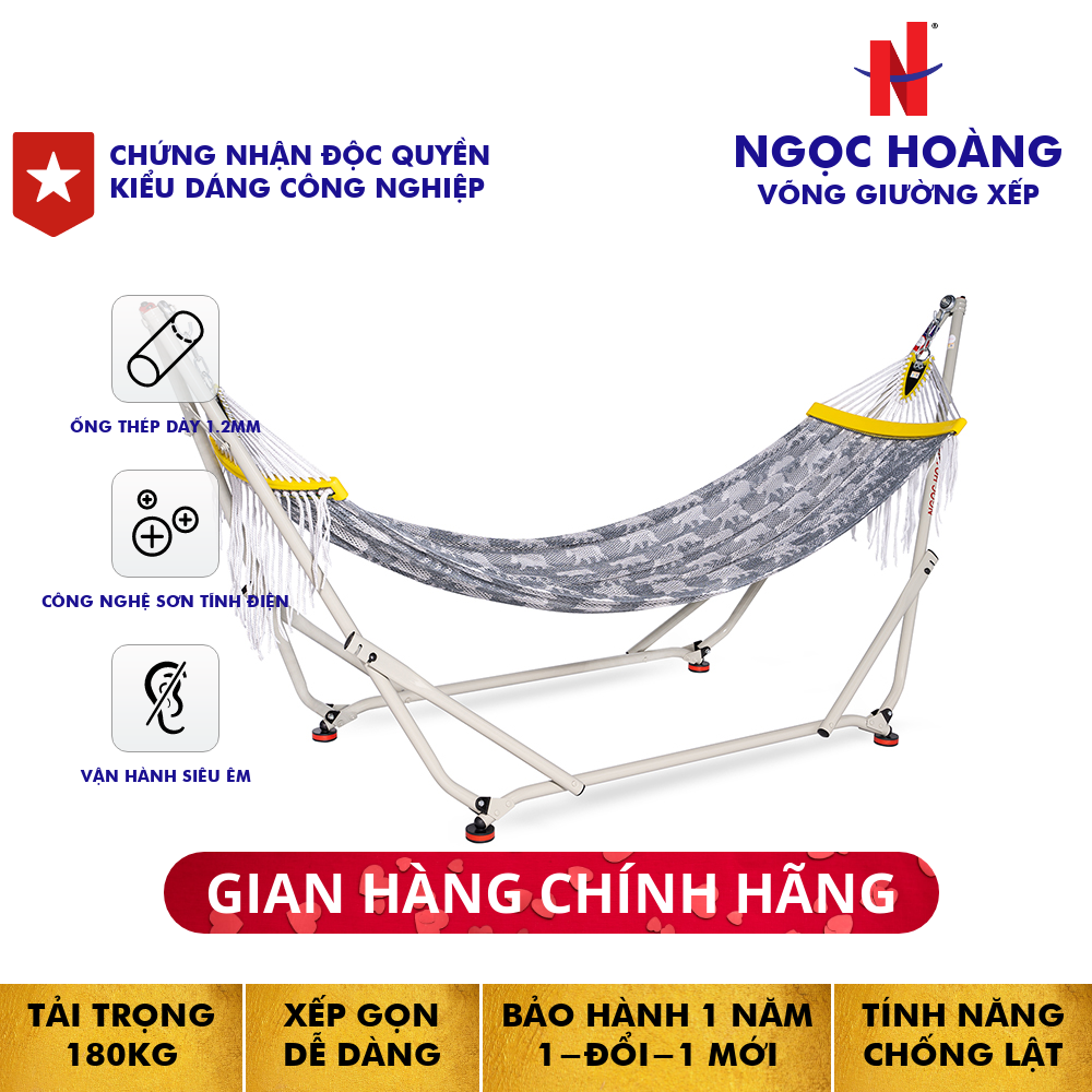 Ngọc Hoàng - Nguyên bộ khung võng thuyền rồng (White) kèm lưới võng (Tye-Die) - Thép nhập khẩu ống dày 1.2mm  sơn tĩnh điện, đã được cấp bằng độc quyền kiểu dáng công nghiệp