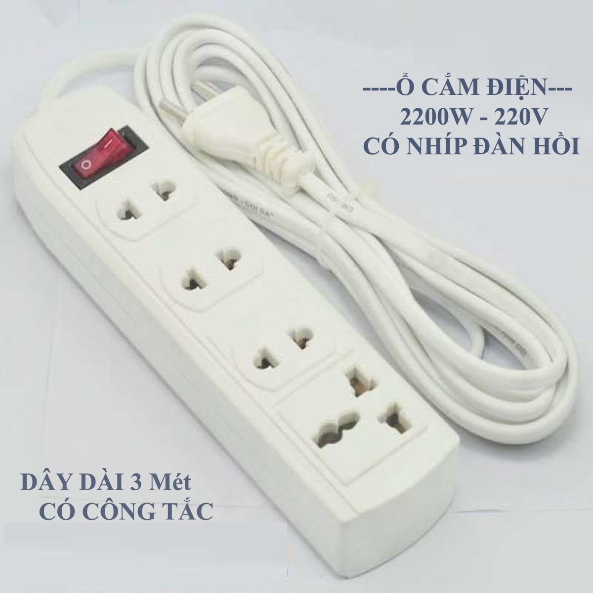 Ổ CẮM ĐIỆN LOẠI TỐT CÓ CÔNG TẮC- DÂY DÀI 3M - 2200W - 220V - 4 lổ/ Ổ cắm điện gia đình có nhíp đàn hồi siêu bền