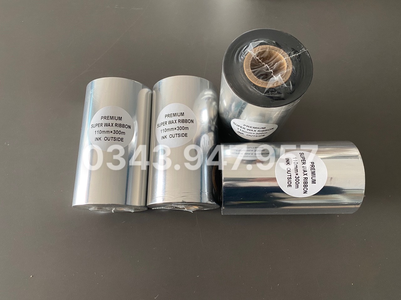 Cuộn băng mực in super wax khổ 110mmx30mét, cuộn mực in mã vạch 3 tem, cuộn mực in tem nhãn - bartender barcode 110mmx30m