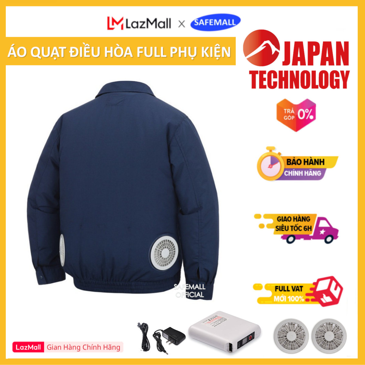 Áo quạt điều hòa SafeMall, áo quạt gió bảo hộ lao động công nghệ nhật bản Japan Tech Pin 20.000ma thời gian sử dụng 16-20 tiếng, Bảo hành 12 tháng, có khả năng chống nóng và chống tia tử ngoại,