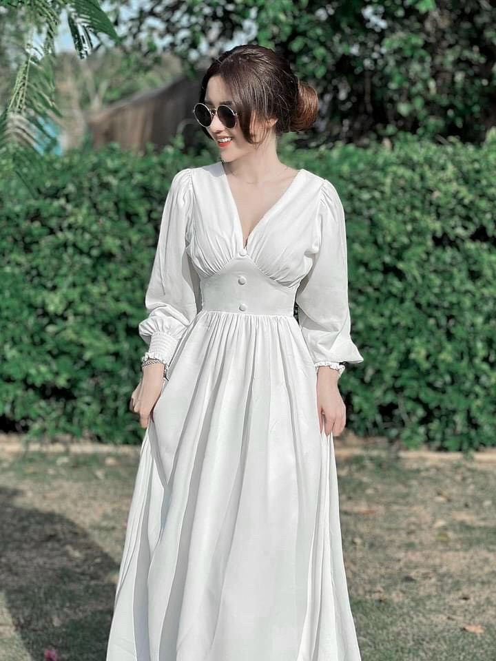 Đầm maxi voan nữ phom dài đính nút chiết eo siêu xinh xắn