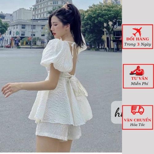 Set áo kiểu gấm nữ babydoll tay bồng nơ lưng tiểu thư bánh bèo kèm quần short đi biển ulzzang Hàn Quốc