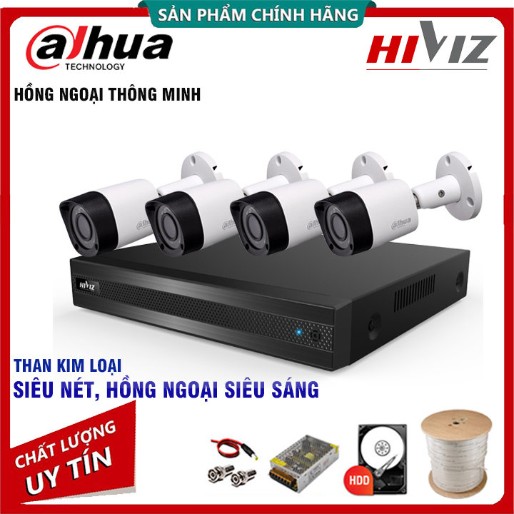 Trọn bộ 4 Camera HDCVI chất lượng Cao cấp Thân Kim loại, góc rộng, Hồng ngoại thông minh - Đầy đủ Phụ kiện kèm theo để lắp đặt