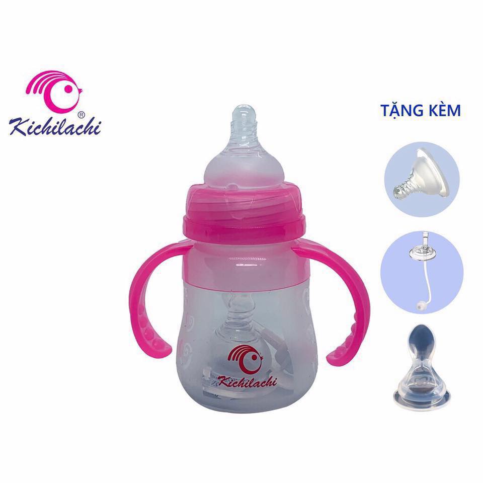 Bình sữa silicon kichi 2 in 1 150ml uống sữa adna ad23 bình thìa ăn dặm cho bé có tay cầm tặng kèm 1 núm thìa bình uống nước