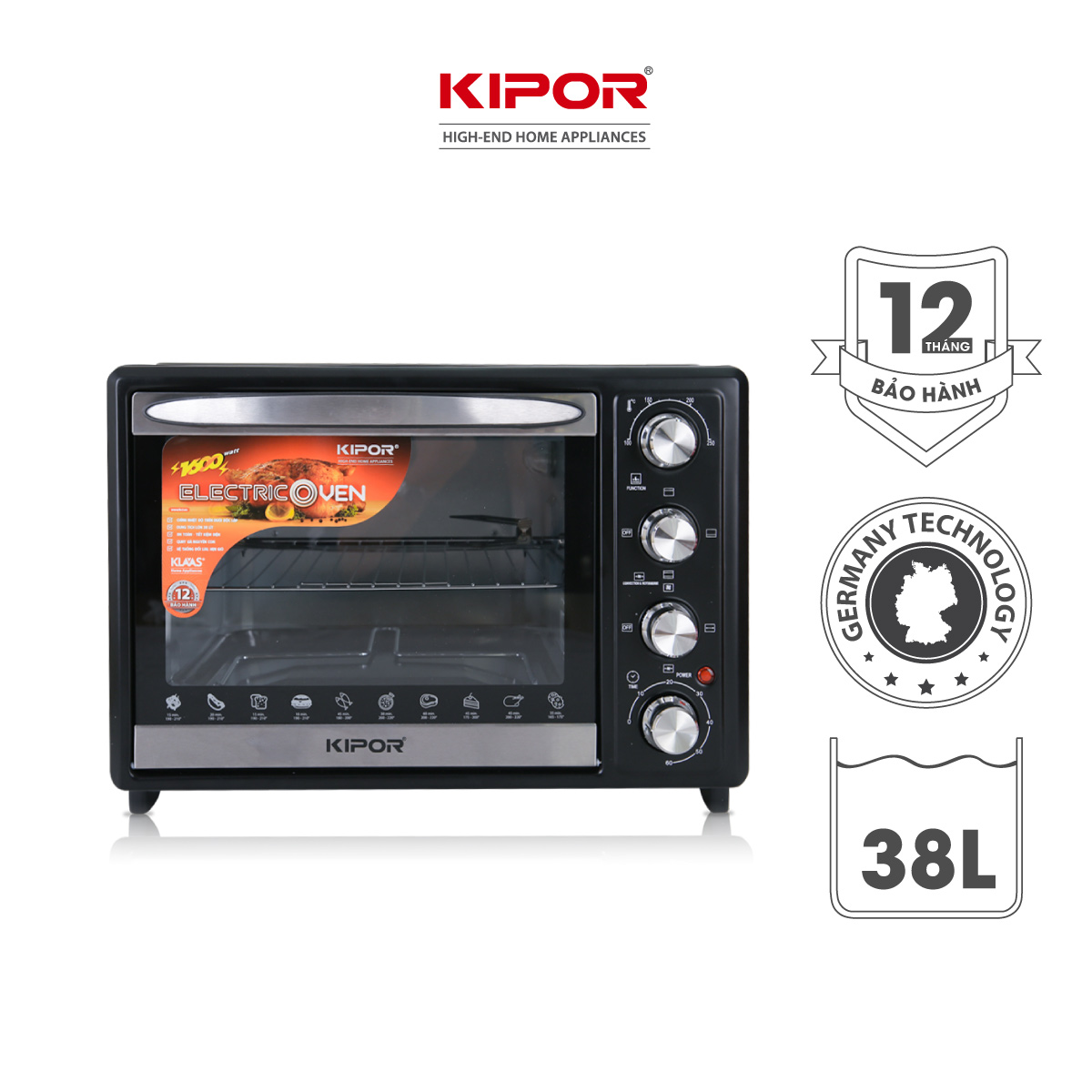 Lò nướng, chiên không dầu kipor kp-ov5438 - 38l - nhiệt lò 250 độ, thanh nhiệt hai mặt trên dưới, chuông cảnh báo an toàn - bảo hành tại nhà 12 tháng