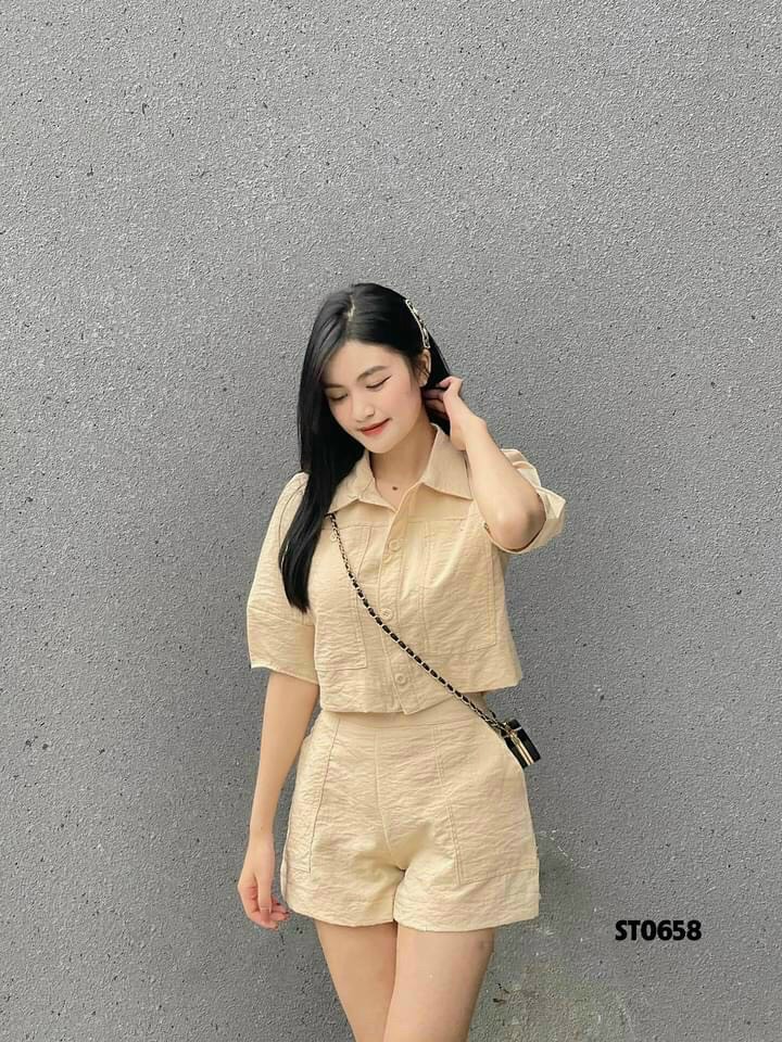 [HCM]Sét bộ đũi nữ xinh xắn áo sơ mi croptop tay ngắn quần short cao cấp hàng qccc xinh xắn M98