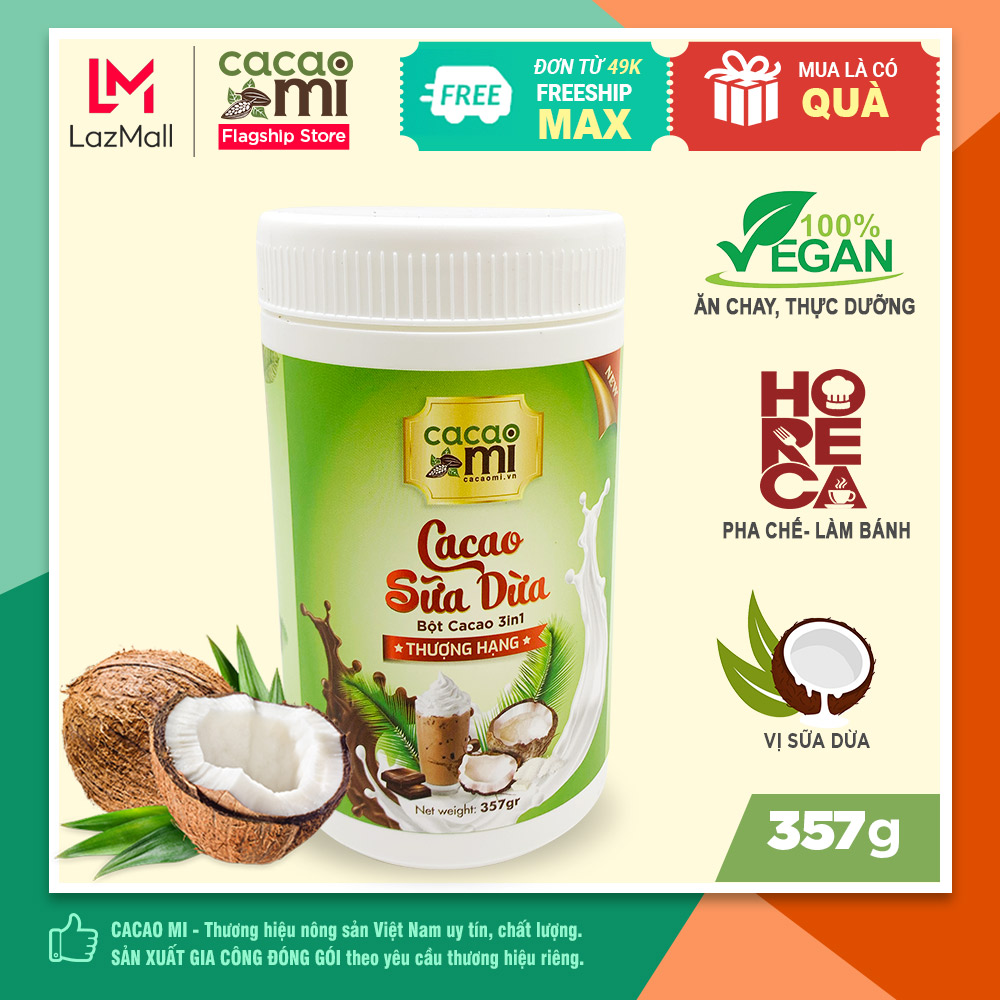 Bột ca cao sữa dừa CacaoMi chuyên pha chế trà sữa, milo dầm, thức uống sô cô la cacao nóng thơm ngon tiện lợi hộp 357g