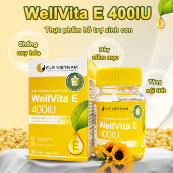Vitamin E 400IU - WellVita E 400 giúp Dày Niêm Mạc và Cải Thiện Nội Tiết - Hỗ Trợ Chuẩn Bị Mang Thai - Lọ 30 viên